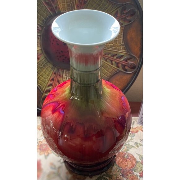Vase, XL, 16”T, Yabian Chinese Flambé Drip Glaze, Red,Purple,Green,VTG*Rare* - Picture 1 of 16